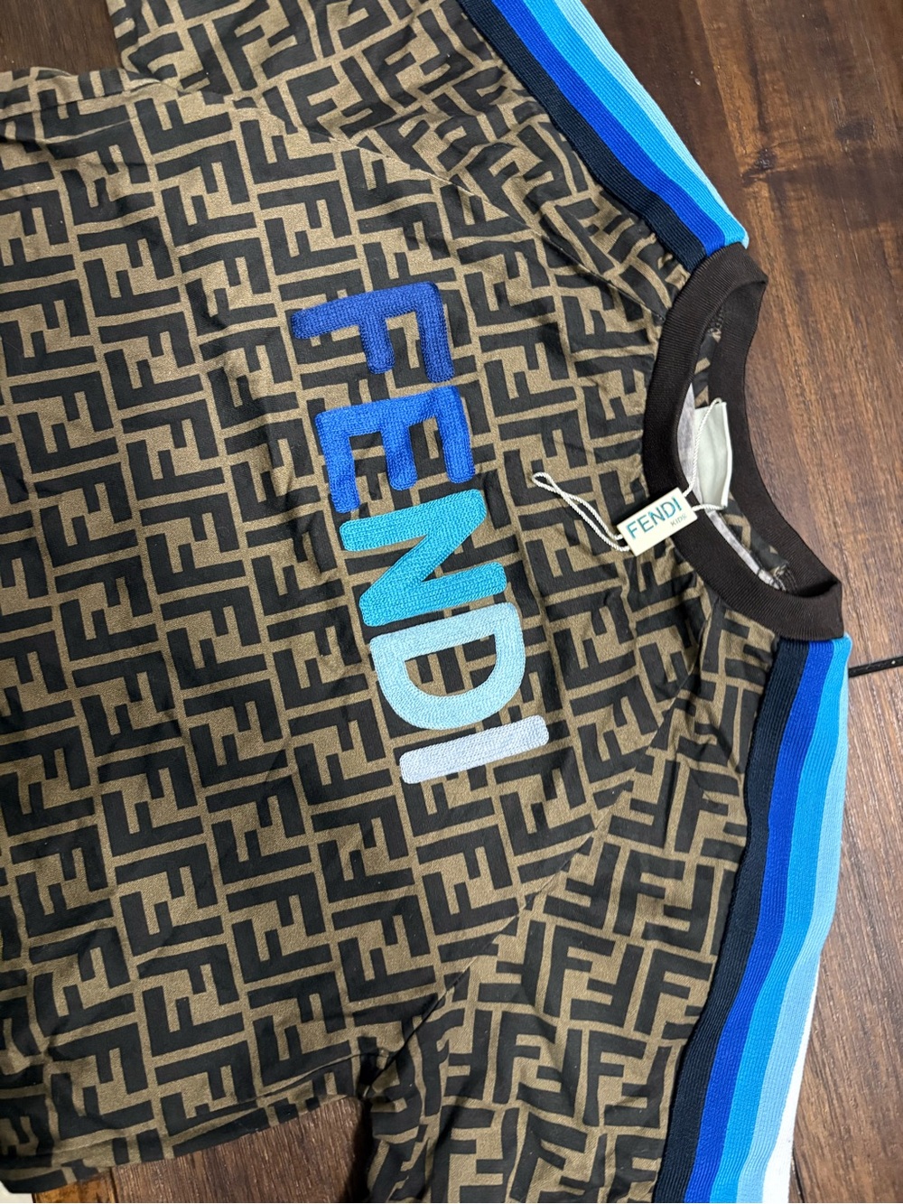 Fendi Brown Monogram Tee with Blue Ombre Logo and Striped Sleeve